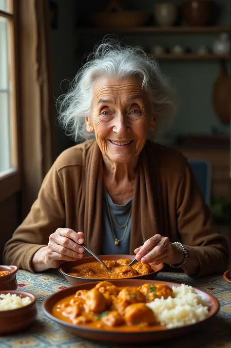 The old mother was eating the chicken curry and rice in her house very happy