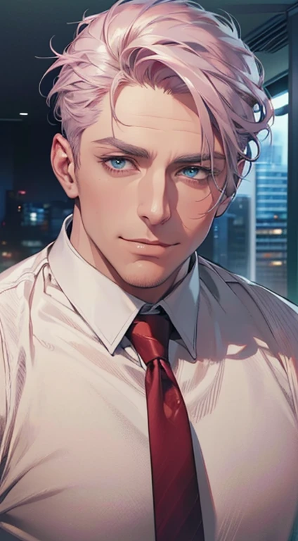 (best quality,4k,8k,highres,masterpiece:1.2),ultra-detailed,(realistic,photorealistic,photo-realistic:1.37),1 man,3,mature man,very handsome,without expression,smile,short grey pink hair,blue eyes,penetrating gaze,perfect face without errors,imposing postu...