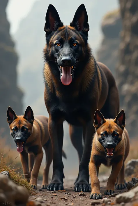 1 giant male dark Belgian malinois,  1 mother pawn sable Belgian malinois and 2 angry puppy 