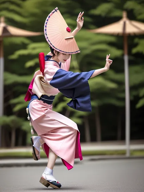 photo-realistic quality、a woman wearing a pale pink kimono and a hat is in the park,white sleeves、 traditional japanese kimono, ...