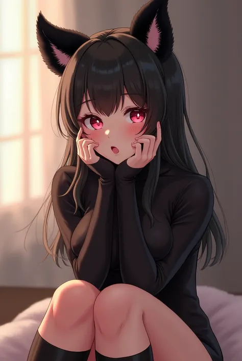 Beautiful woman wear turtleneck bodysuit and black socks black Pointy Fluffy Ears and Flustered Heart Eyes Face The eyes are heart shaped