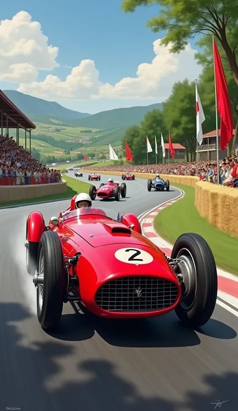 A historical racing scene featuring the Ferrari 125 S on the track, demonstrating its early racing success.
