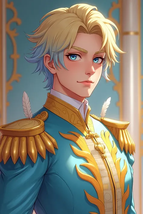 Male character with multicolored blonde and blue hair. He is wearing a royal outfit, as he is a prince, and the outfit is a mixture of pastels, blue and yellow. The outfit has feathers. He has short hair