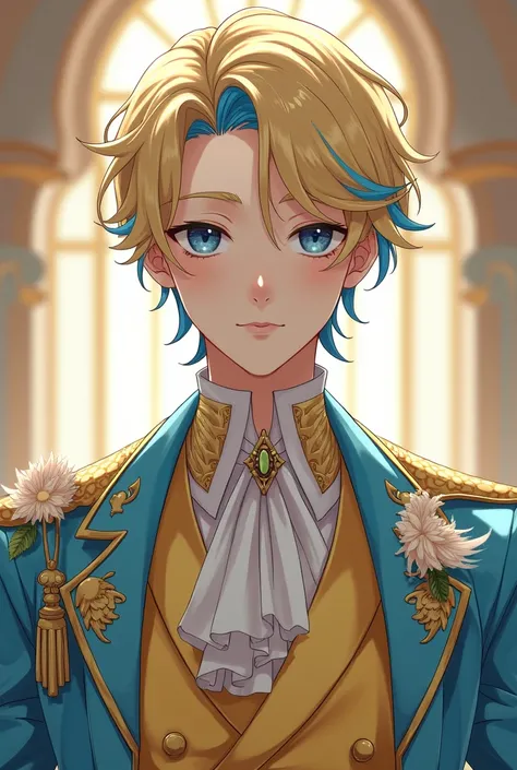 Male character with multicolored blonde and blue hair. He is wearing a royal outfit, as he is a prince, and the outfit is a mixture of pastels, blue and yellow. The outfit has feathers. He has short hair