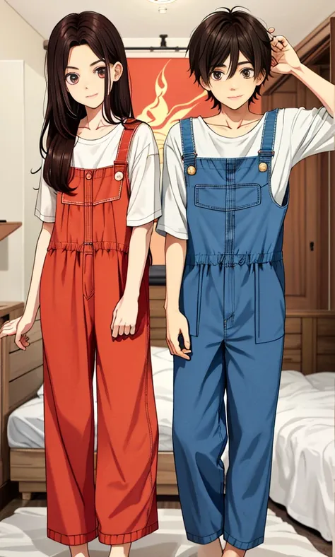 a picture of Eren,a boy with the appearance of a dark haired and brown eyes cute,with your twin sister,They were both wearing their normal, pajama-style clothes.,Eren was in bed with his sister and afraid of making her lose the game against Silvana,A tall ...