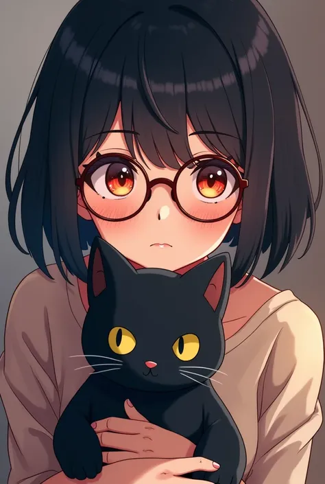 Red and yellow heterochromatic eyes, short black hair, brown-rimmed round glasses, adult woman, anime illustration, holding a black cat stuffed animal 