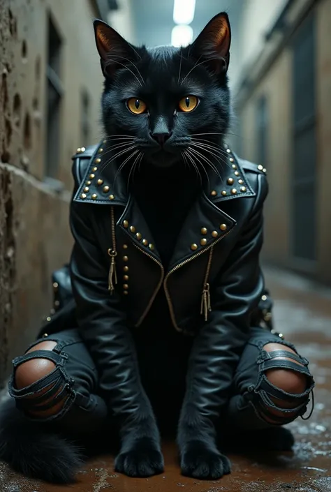 black cat dressef in black jacket with studs and black tattered jeans in jail 