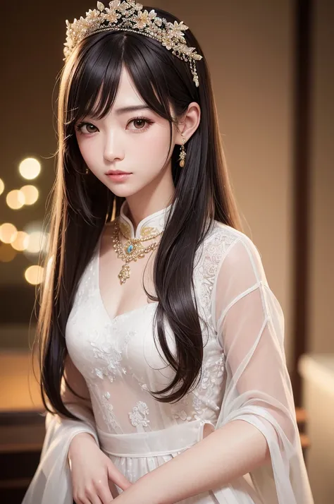 best quality, masterpiece, high resolution, 1 Girl,Chinese Wedding Dress,Hair accessories（lifelike）,necklace（lifelike）, Jewelry（lifelike）,Pretty Face,Above_Body,Hair accessories与脸蛋Body贴合， Tyndall effect,Reality, Dark Studio, Edge lighting, Two-tone lightin...