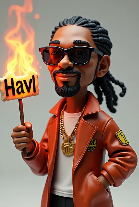 Snoop Dogg holding a word balloon "HAV", blunt burning smoke rise and wore expensive clothes. 3D 3500p.