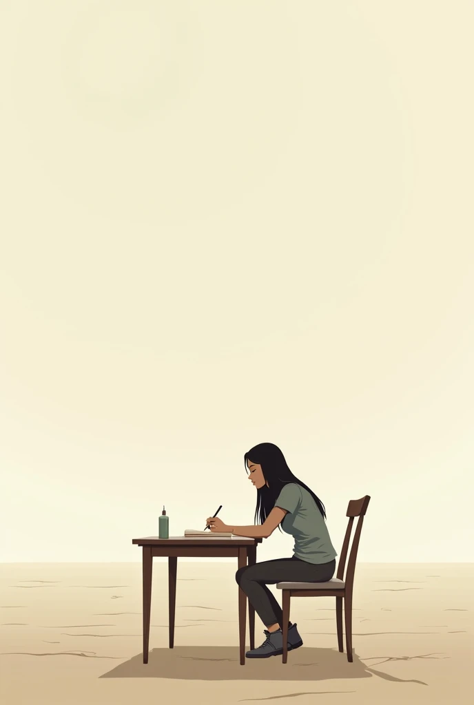 Front view Girl writing a book on table in a outdoor a, blank sky grapics, long view, full body view