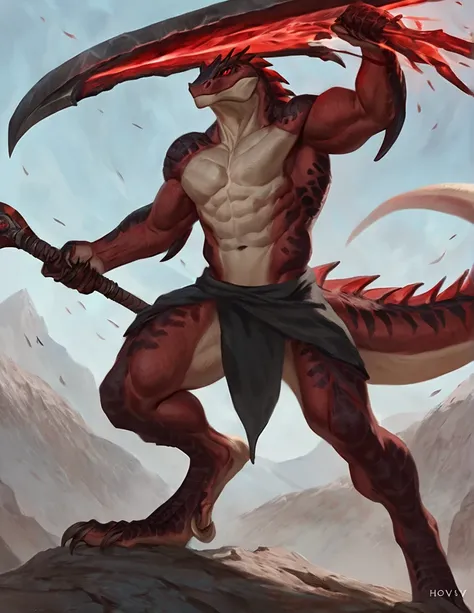 a ferocious male lizardfolk, anthro Glavenus, solo, scaly detailed body, full body, crimson red and black color body, red eyes, giant blade tail, comicbook style, best quality, 4k, ultra-detailed, by laobai, by taran fiddler, by honovy