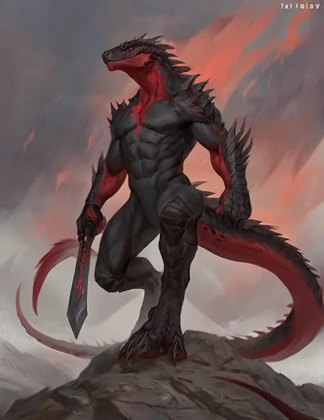 a ferocious male lizardfolk, anthro Glavenus, solo, scaly detailed body, full body, crimson red and black color body, red eyes, giant blade tail, comicbook style, best quality, 4k, ultra-detailed, by laobai, by taran fiddler, by honovy