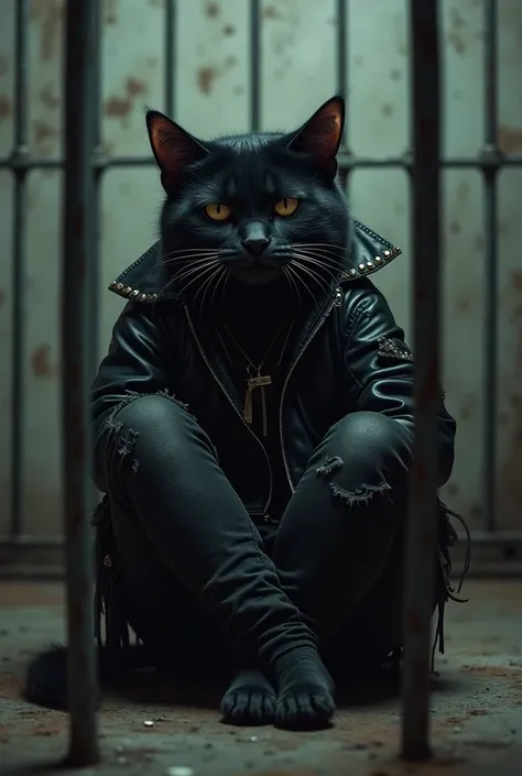 black cat dressef in black jacket with studs and black tattered jeans in jail crying in prison 