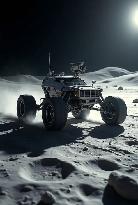 Close-up of a lunar rover speeding across the moon