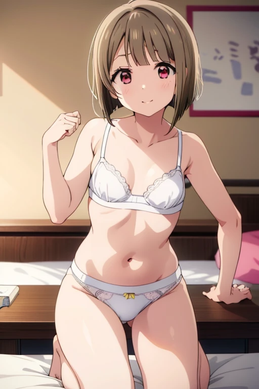 nakasu kasumi、Nijigasaki Gakuen、Bobcut、ワンレングスBobcut、Yellow-brown hair、short hair、Asymmetrical hair、Long left bangs、Red Eye、Bedroom、On all fours、White bra、White panties、Small breasts、cute、ultra hi resolution picture、Detailed Background、looking at the camera...