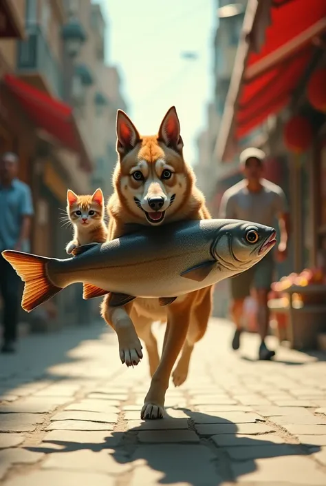 Type: Ultrarealistic
Subject: A cat and dog duo in the middle of a narrow escape, racing through a lively, sunlit urban alley. The cat is perched firmly on the dog’s back, holding tightly onto a large, freshly-caught fish instead of the original basket of ...