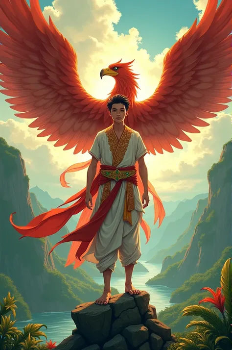 Create an anime style image with a picture of a young man with the power of the Indonesian Garuda bringing peace and joy.