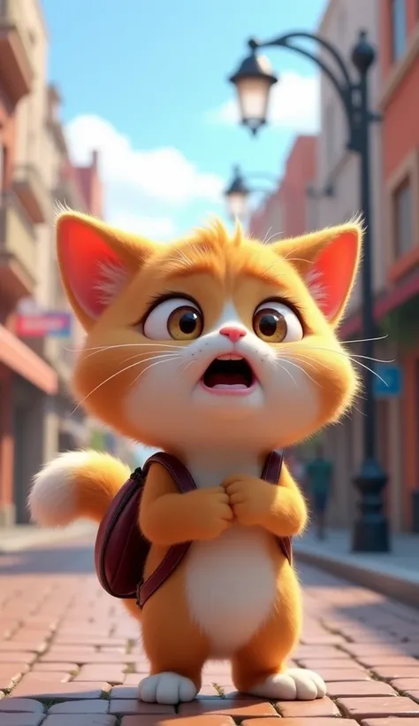 best quality, masterpiece, raw photo, 8k,uhd,cartoon,3d, TSLoP, a cute brown and white cat in disney style wear a school bag wet cat closed his eyes tightly and cried loudly stand on the street