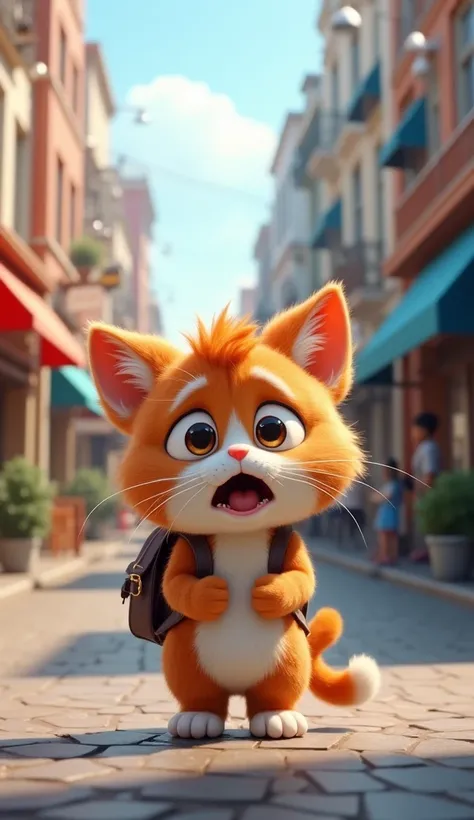 best quality, masterpiece, raw photo, 8k,uhd,cartoon,3d, TSLoP, a cute brown and white cat in disney style wear a school bag wet cat closed his eyes tightly and cried loudly stand on the street