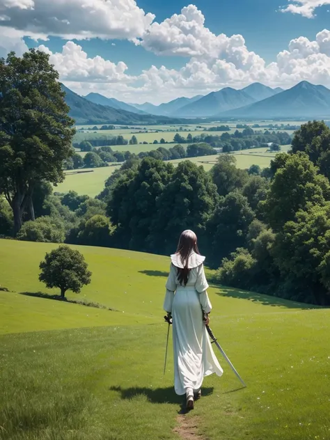 Morning view of a mountain field with clouds and green grass with big trees and a really beautiful girl in white morden outfit with a sword walking there view from behind 