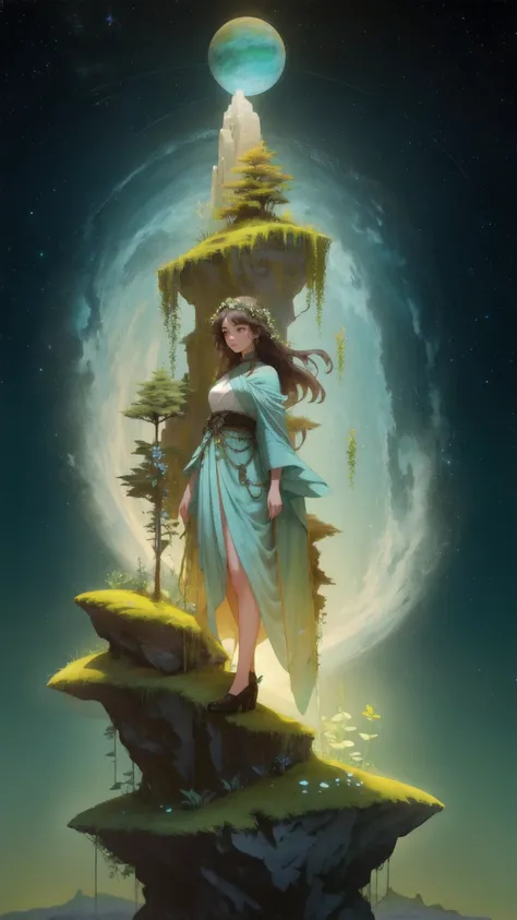 A giant, majestic, beautiful cute girl made of stone and covered in moss and plants, standing powerfully in a surreal, cosmic landscape. The scene features towering rock formations, a serene river, and distant planets in the sky. The girl embodies the esse...