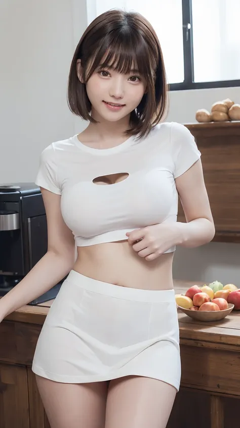 beautiful girl, (Cropped transparent clothes Breast white T-shirt:1.3, low-rise skirt:1.3), (16yo:1.3), break, (farmers market:1.2), break, Shy laugh, Very beautiful eyes, (Symmetrical eyes:1.3), break, (D cup Breasts:1.2), Brown eyes, Parted bangs, Brown ...