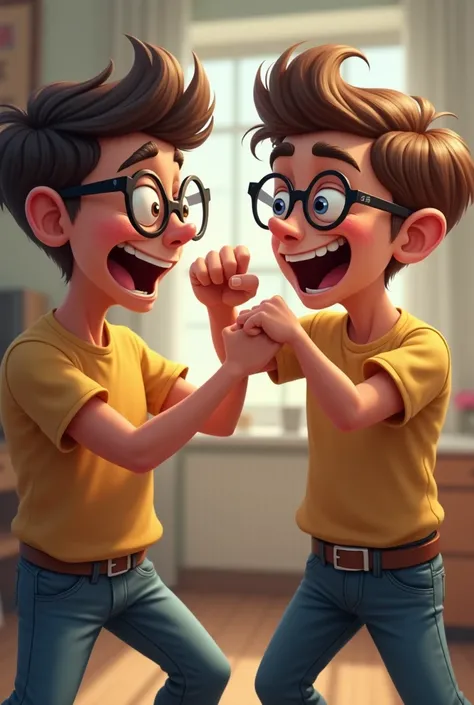 2 brother wearing glasses punches and jokes with  brother 
