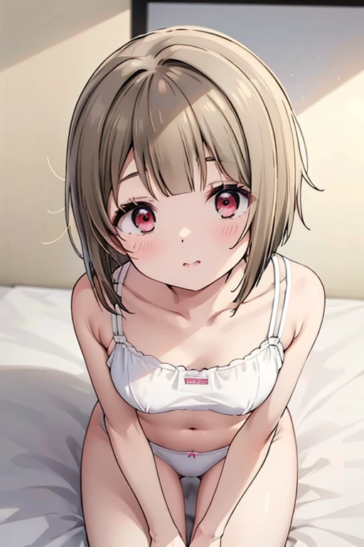 nakasu kasumi、Nijigasaki Gakuen、Bobcut、ワンレングスBobcut、Yellow-brown hair、short hair、Asymmetrical hair、Long left bangs、Red Eye、Bedroom、On all fours、White bra、White panties、Small breasts、cute、ultra hi resolution picture、Detailed Background、looking at the camera...