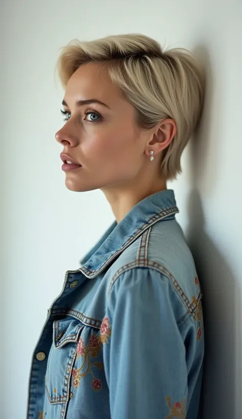 Yes, I will briefly detail the characteristics of this image:.

 - The person is a woman with short blonde hair, in profile.
 - Her face has a serious expression and her eyes are looking seriously forward
 - She is wearing a floral denim jacket with an orn...