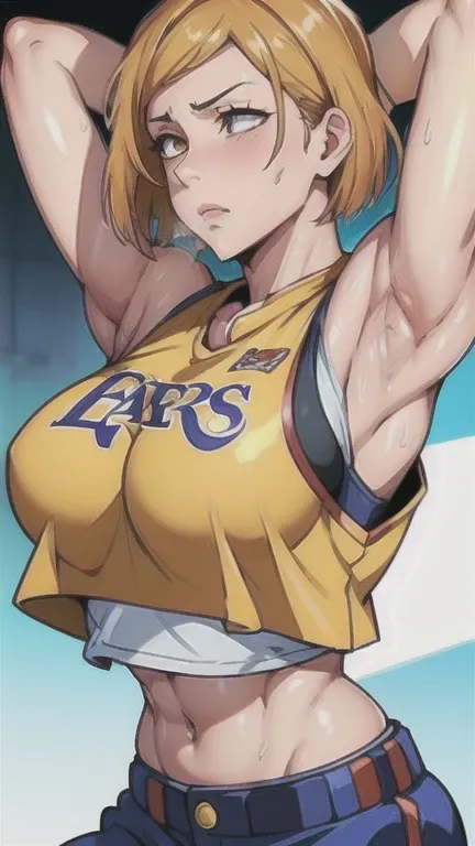 A close-up of a person wearing a basketball uniform, a picture, inspired by Kentaro Miura, trend on pixiv, Kugisaki Nobara, Jujutsu Kaisen, wearing the yellow NBA jersey, yellow nba crop top t-shirt, wearing a low cut crop top, Using croptop, croptop, The ...