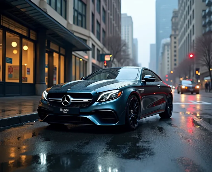 a large-format professional photo where a Mercedes E63 AMG car stands in one corner and there is nothing in the other , wet asphalt, an area in the city