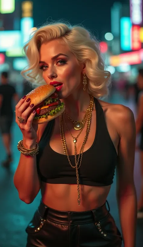 Marilyn Monroe as a rapper eating hamburger