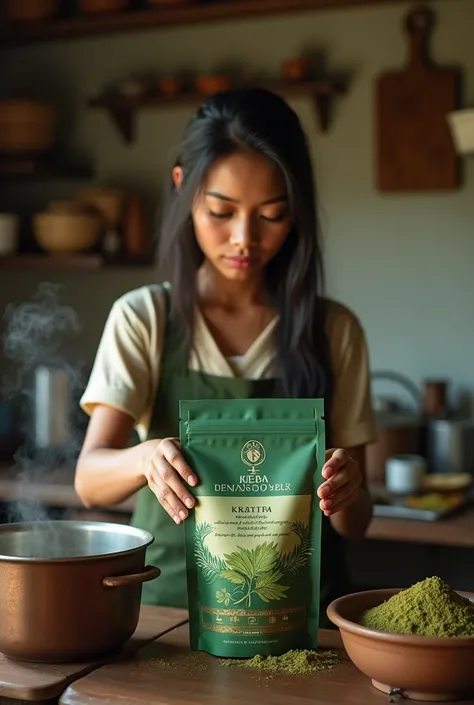 Melayu girl boiling water kratom powder supergreen with packing by KTM Herbs Legacy