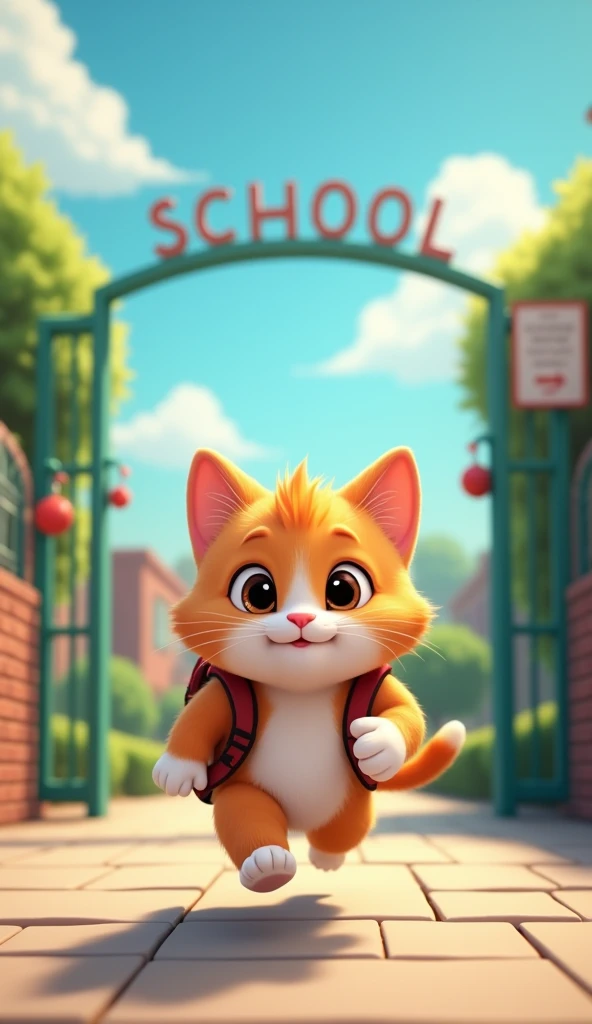 best quality, masterpiece, raw photo, 8k,uhd,cartoon,3d, TSLoP, behind a cute brown and white cat in disney style wear a school bag ran towards the school gate