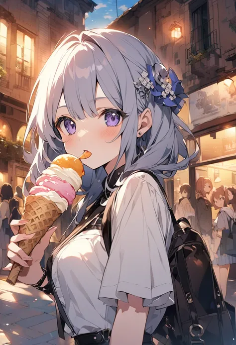 anime-style picture、Beautiful girl licking gelato、The background is Rome&#39;s tourist attractions