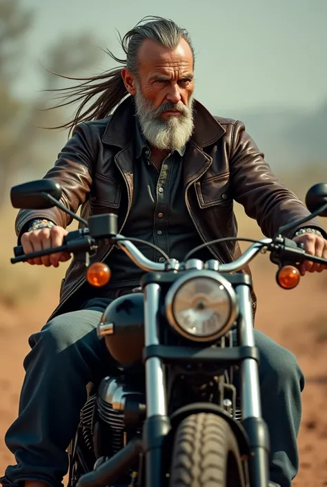 An old and badass church father with short beard wearing a ponytail wearing leather jacket and riding harley davidson bike while shooting a gun