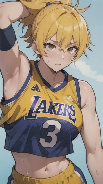 A close-up of a person wearing a basketball uniform, a picture, inspired by Kentaro Miura, trend on pixiv, Kugisaki Nobara, Jujutsu Kaisen, wearing the yellow NBA jersey, yellow nba crop top t-shirt, wearing a low cut crop top, Using croptop, croptop, The ...