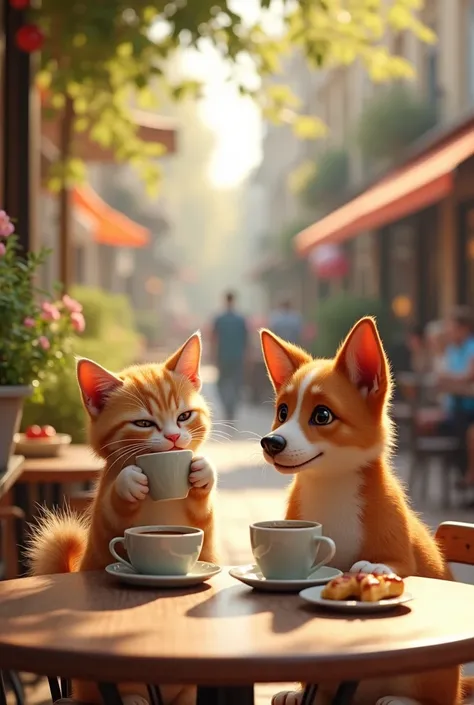 Type: Ultrarealistic
Subject: The cat and dog duo sitting at an outdoor café table, both enjoying a relaxing moment with a cup of coffee. The cat is holding a small coffee cup in its paws, sipping contentedly, while the dog has a larger mug in front of it,...