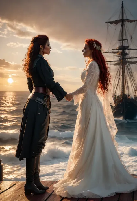 (realistic)(Fantasy Style) Two female pirates with long flowing hair, one red haired and one raven haired, wearing leather and lace wedding dresses, being married by a preacher, standing facing each other holding hands on the deck of a large ship, the sea ...