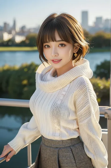 (Highest quality、Tabletop、8k、Best image quality、Award-winning works)、One beautiful woman、2、(alone:1.1)、Perfect beautiful composition、(Big and ample breasts:1.1)、(Perfectly fitted, tight, bright knit sweater:1.2)、(Very tight bright knit that fits perfectly:...