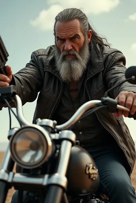 An old and badass church father with short beard wearing a ponytail wearing leather jacket and riding harley davidson bike while shooting a gun