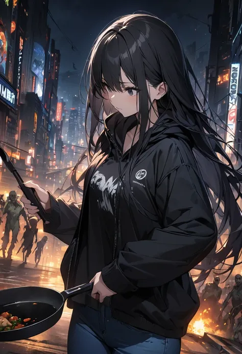 (BEST QUALITY), (MASTERPIECE), illustration, Extremely_detail, 4k wallpaper , midnight, girl, black hoodie parka, blue jeans, 1 , black Hair, long hair, black eyes, holding a frying pan, smart, Background of the city, Zombies