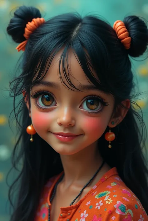 black hair, hair bobbles, wince, longeyelashes, solid circle eyes, fake light smile, ear blush, fang, ccurate, Surrealism, drop shadow, anaglyph, stereogram, tachi-e, pov, atmospheric perspective, 8k, super detail, best quality and girl should we indian 