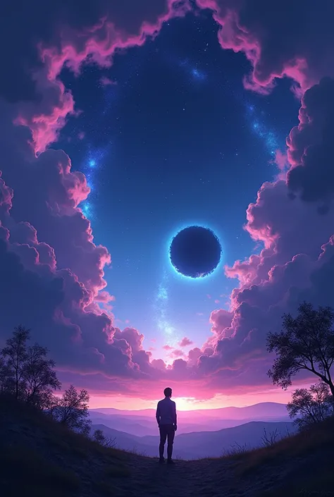 As if the sky is disfigured and I can see it from the earth, It&#39;s like something too far away has exploded and affected our sky., looking like a broken TV screen, with black spots and violet and blue colors, Very bright colors and very large black spot...