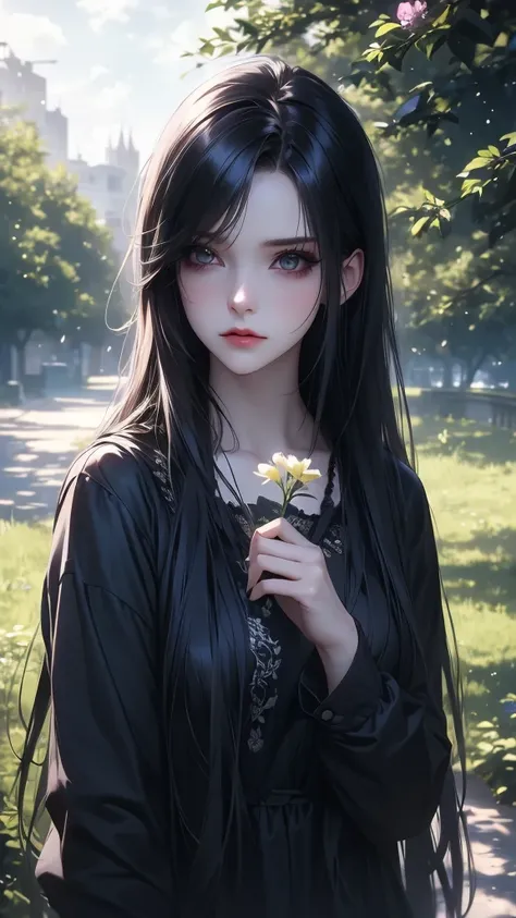 a cute emo girl, walking in a park, long hair, dark makeup, black clothes, holding a flower, detailed face, detailed eyes, beautiful detailed lips, lonely expression, emotional, moody, cloudy sky, lush greenery, warm sunlight, photorealistic, 8k, highly de...