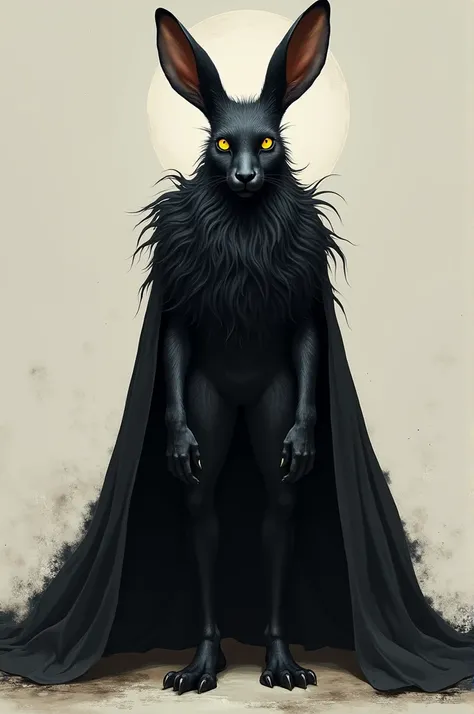 a heron (humanoid hare that walks on two legs) Its fur is completely black and its eyes have a very strong yellowish color and shine, She has long hair, She has hare ears and in her right ear she has a golden earring, he wears a black cloak that stretches ...