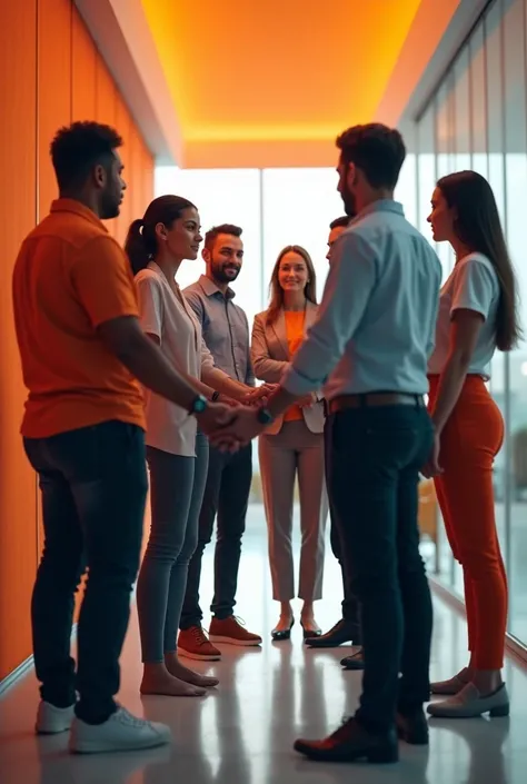 create an image of a team holding hands as if it were a restart of a company that was bankrupt. This company is called Contrurapi and has orange colors in its logo 