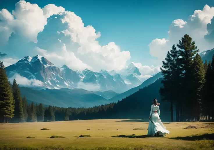 Morning view of a mountain field with above cloud with green grass and big trees, a beautiful girl walking theri with a gun in her hand in white futuristic outfit 