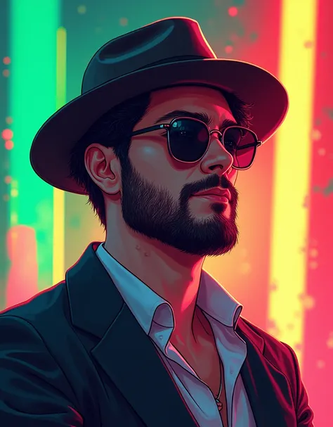 Create a anime style potrait image. Vibrant, digitally illustrated portrait of a handsome man with fair tone skin, wearing a hat and sunglasses. The style is highly saturated with neon colors, predominantly green, red, and yellow, creating a dynamic and en...