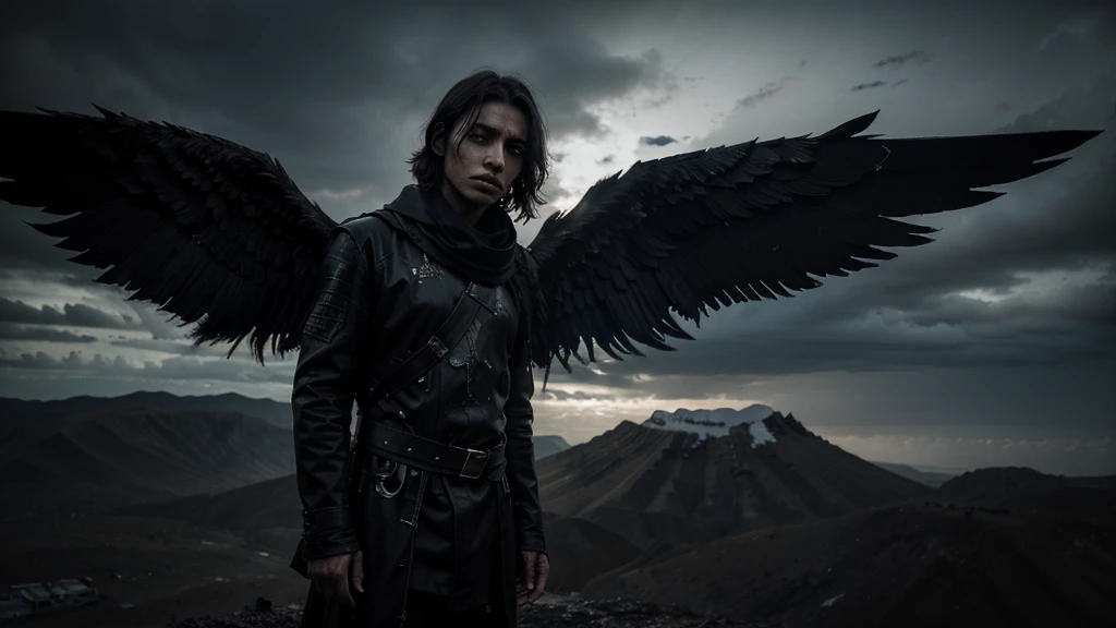 A once-radiant angel now corrupted with dark black wings, with a face marked by sorrow and darkened by the fall. His eyes are glowing faintly, his features sharp and ethereal, as he stands on a desolate peak surrounded by swirling dark clouds.